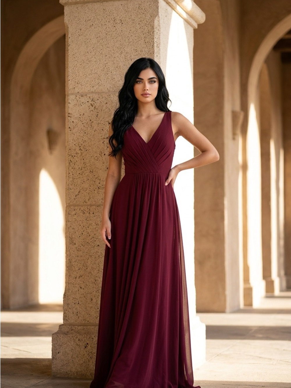 V-Neck Burgundy Maxi Dress with Ruched Bodice